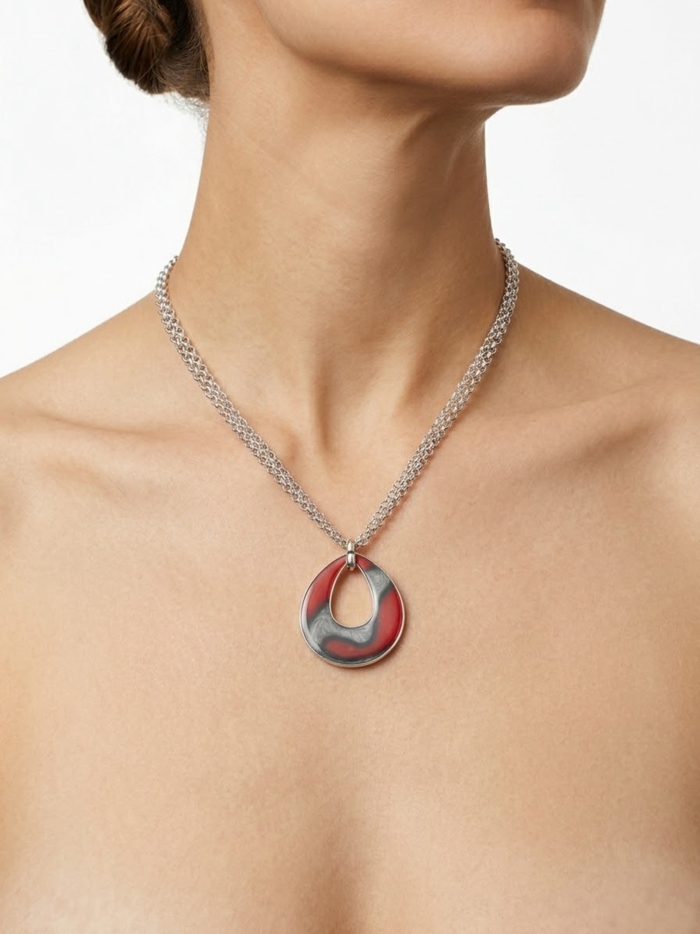 Erwin Pearl Silver-Tone Necklace with Red and Gray Enamel Teardrop Pendant